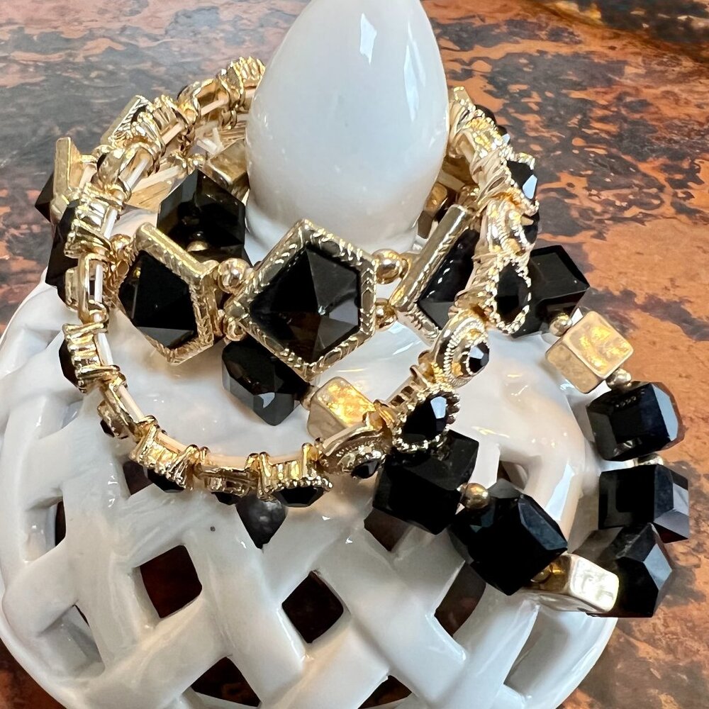 FIRM PRICE!  Black and Gold Tone Stretch Bracelet Set (3)